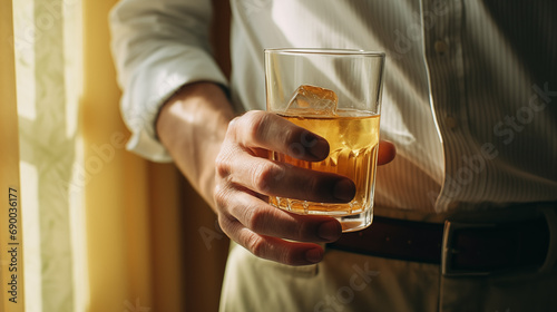 A glass of alcoholic drink in the hands of a man close-up. A man drinks alcohol in a hotel room or at home. Tasting spirits such as scotch, brandy or whiskey. Generated AI