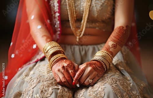 Beautiful hands of two Indian women at the wedding with bangles and henna. photo