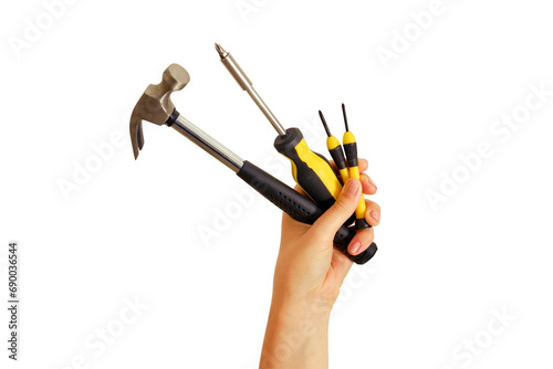 Hammer and screwdriver in hand, isolated on a white background. Construction tools at arm's length photo