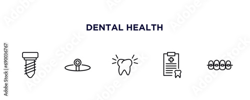 outline icons set from dental health concept. editable vector such as implant fixture, headlamp, clean tooth, medical list, dental brackets icons.