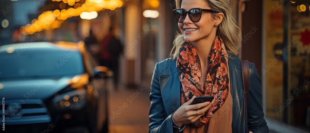 An elderly woman with fair hair is getting into her vehicle on a city street. . An elderly woman with fair hair is getting into her vehicle on a city street. .