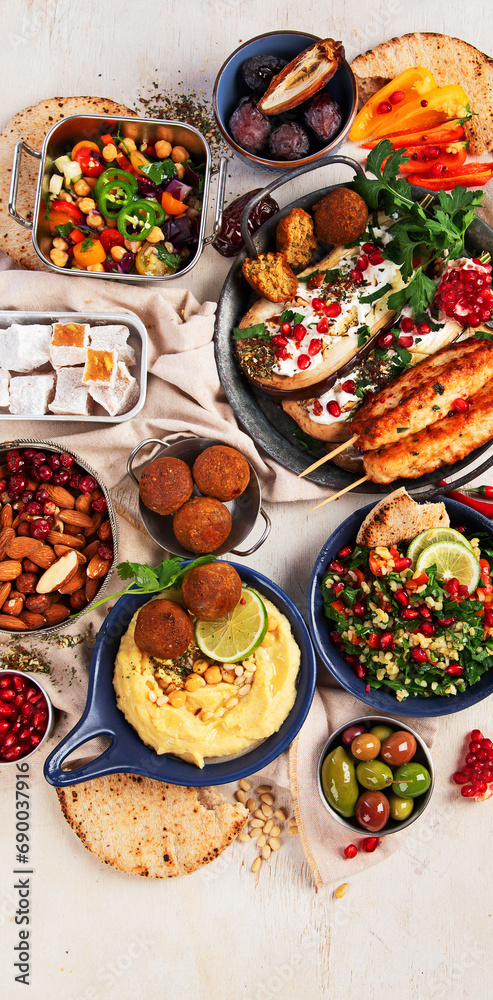 Middle eastern or Arabic dishes on light background. Tasty traditional food Middle eastern or Arabic dishes on light background. Tasty traditional food