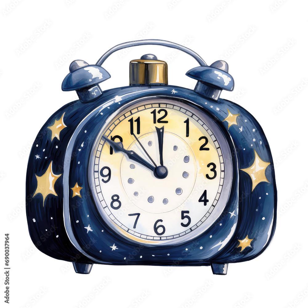 Obraz premium This watercolor art of a clock pointing to 12 AM midnight illustration is perfect for New Year's Eve countdown party decor. Capturing the essence of celebration and vibrant festive cheers.