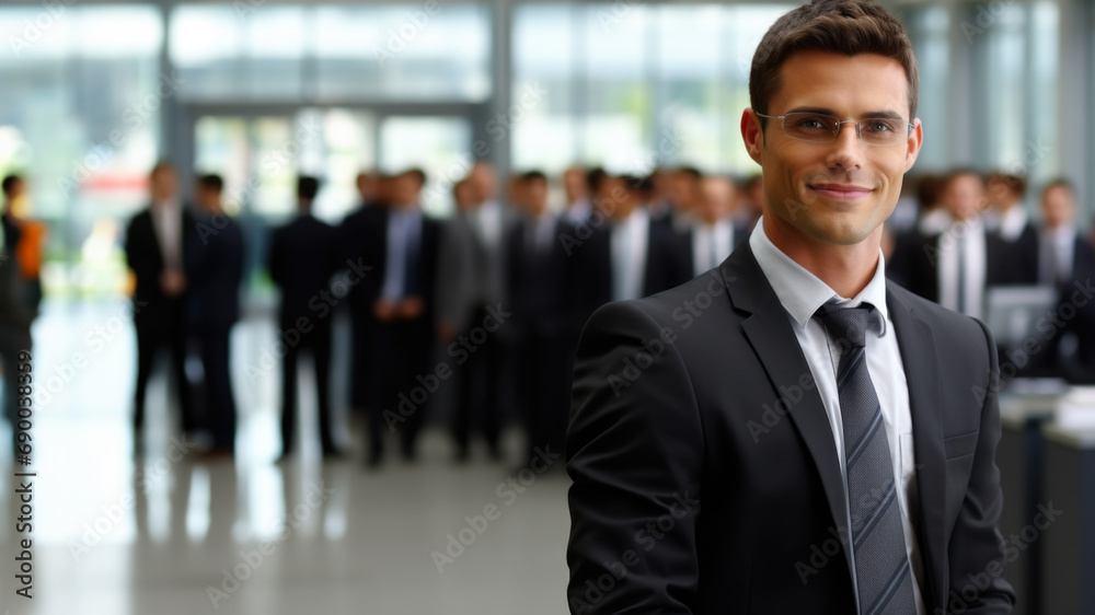 Professional man in suit and tie confidently stands in front of group of people. Leadership, teamwork, business presentations, or corporate meetings. Professional man in suit and tie confidently stands in front of group of people. Leadership, teamwork, business presentations, or corporate meetings.