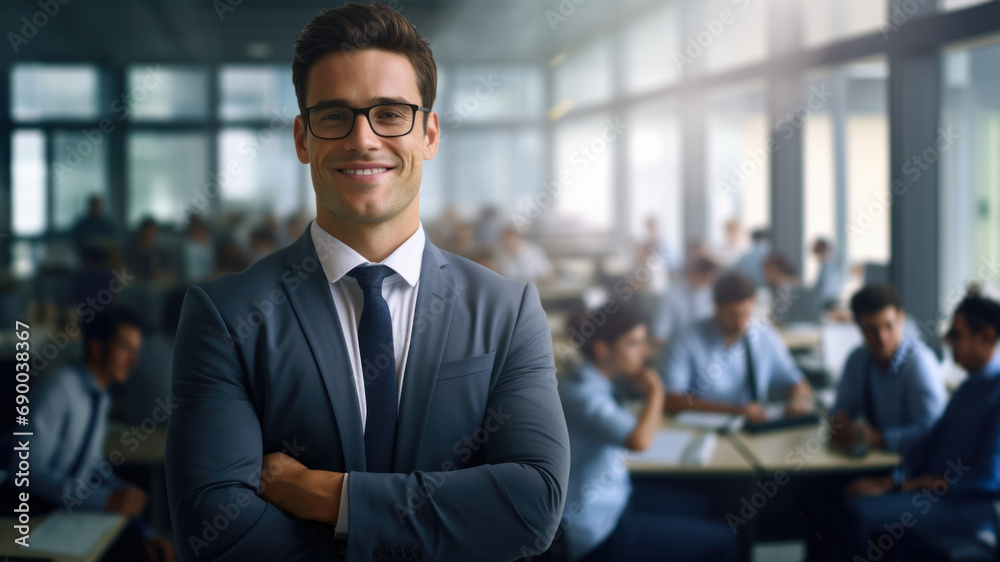 Professional man wearing suit and tie stands confidently with his arms crossed. Confidence, leadership, professionalism, and succes.