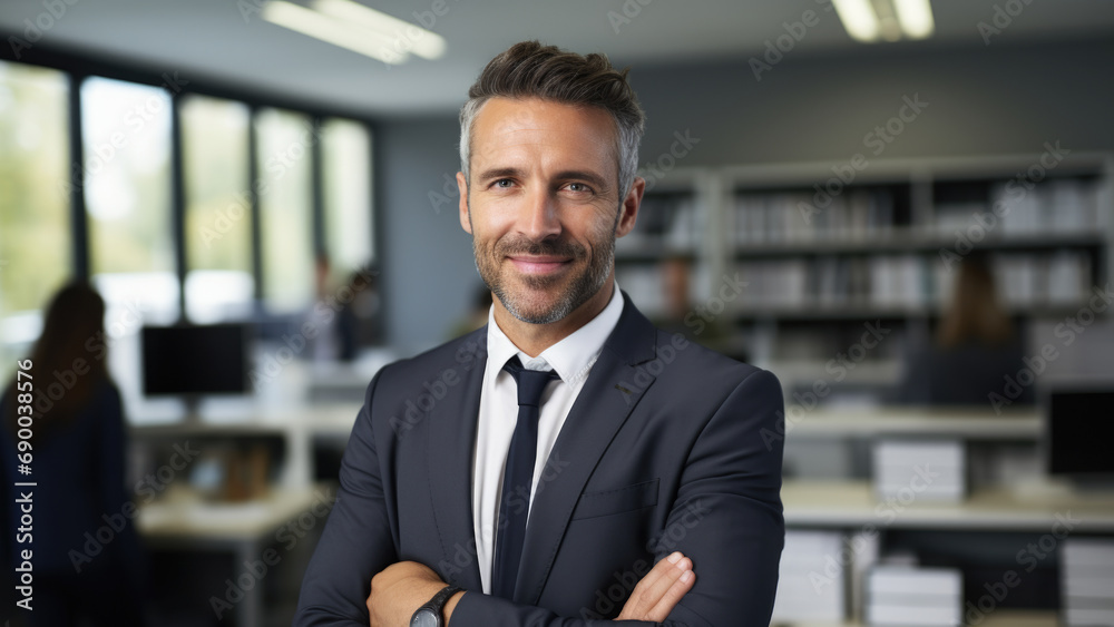 Professional man dressed in suit and tie stands confidently with his arms crossed. Concepts confidence, leadership, professionalism, and success in business and corporate contexts. Professional man dressed in suit and tie stands confidently with his arms crossed. Concepts confidence, leadership, professionalism, and success in business and corporate contexts.