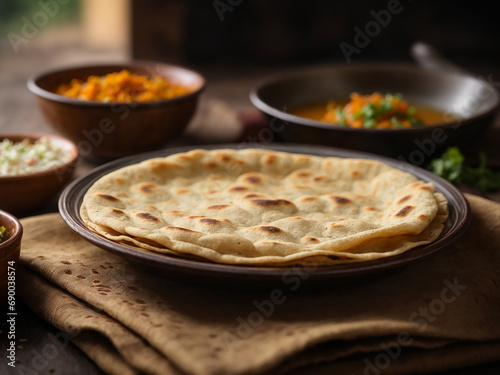 Indian chapati tortillas on a wooden board Traditional Indian food photo