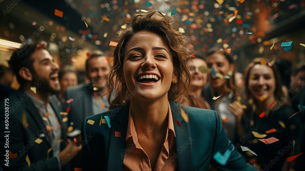 A picture of ecstatic, diverse workers celebrating a joint company achievement or win is shown, with confetti flying all around them.. A picture of ecstatic, diverse workers celebrating a joint company achievement or win is shown, with confetti flying all around them..