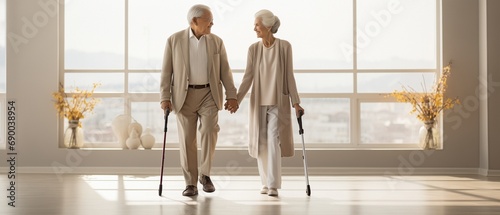 Elderly woman walking with a folding walker and an elderly man with a cane.