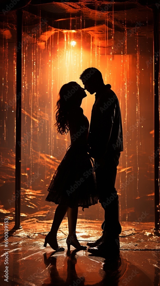 A youthful couple dancing in silhouette in a side perspective against a dramatic, colourful background..