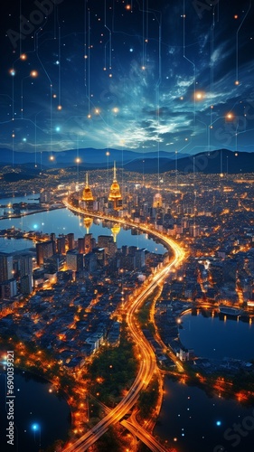 Abstract dot point and smart city relate to the gradient line and style sophisticated wave line design.