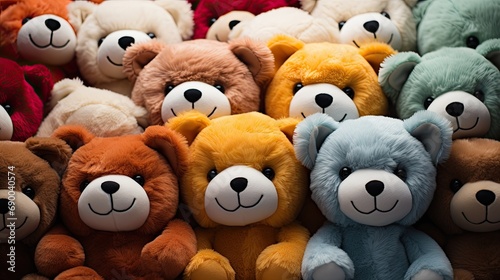 Group of cute teddy bears in different colors, close-up. Ai generative