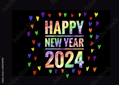 Happy New Year 2024 greeting card, decorated rainbow colors mini hearts, black background. Concept, greeting card for welcoming the new year 2024. Symbol of LGBT community celebration around the world