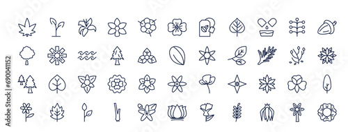 outline icons set from nature concept. editable vector such as hemp, plant growing on book, lily, hawthorn, ylang-ylang, hypericum, geranium icons.