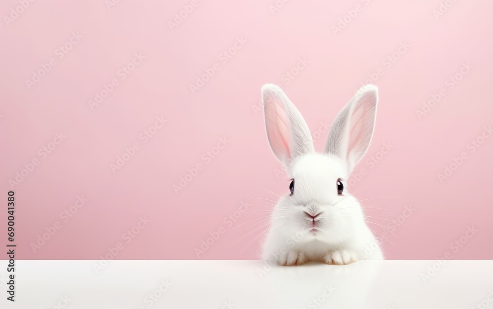 Obraz premium Cute smiling rabbit isolated with copy space for Easter pink background. Adorable fluffy bunny animal pet.