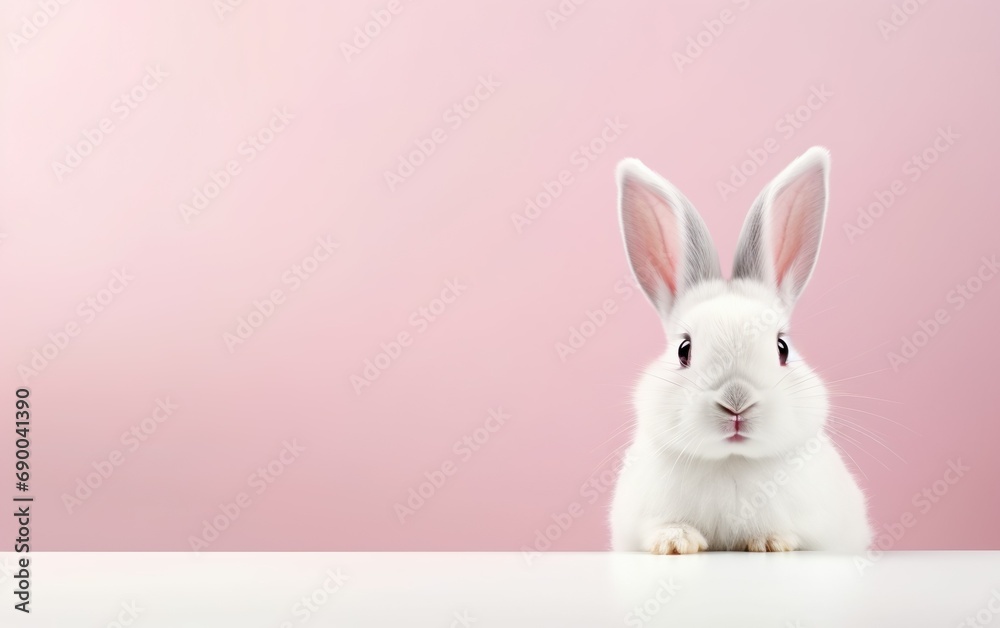 Obraz premium Cute smiling rabbit isolated with copy space for Easter pink background. Adorable fluffy bunny animal pet.