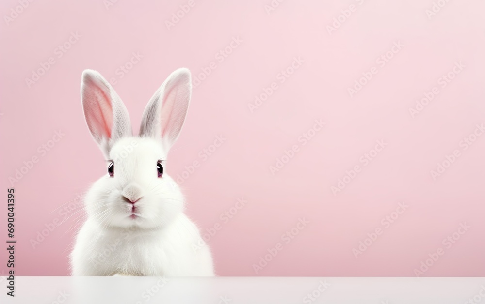 Cute smiling rabbit isolated with copy space for Easter pink background. Adorable fluffy bunny animal pet.