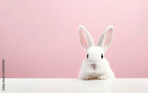 Cute smiling rabbit isolated with copy space for Easter pink background. Adorable fluffy bunny animal pet. © lanters_fla