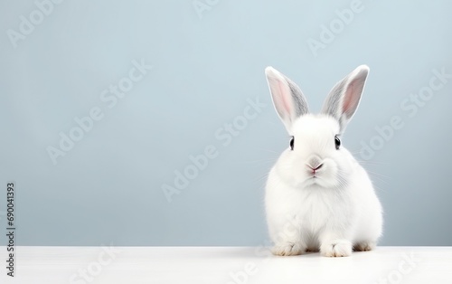 Adorable smiling rabbit isolated with copy space for Easter gray background. Fluffy bunny, animal pet.