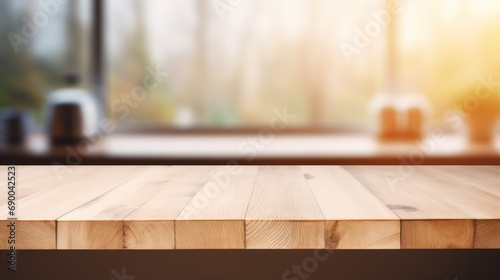 Wooden table with kitchen blur background 