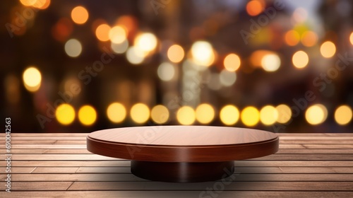 Round wooden table with blur street night bokeh light 