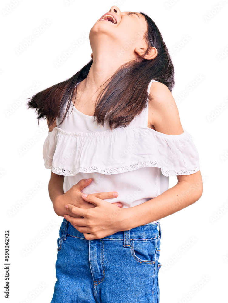 Beautiful child girl wearing casual clothes with hand on stomach because nausea, painful disease feeling unwell. ache concept. Beautiful child girl wearing casual clothes with hand on stomach because nausea, painful disease feeling unwell. ache concept.