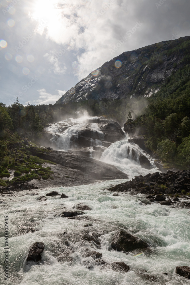 Hiking path to the waterfalls in Kinsarvik, norway