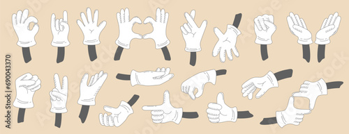Set of hands drawn in cartoon style. Vector images of hands in different poses. Non-verbal or manual communication, hand language, hand gestures.