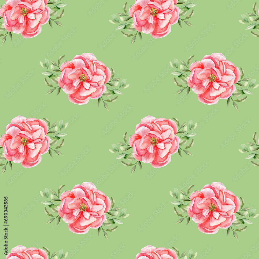 Watercolor pink peonies art seamless pattern. Hand drawn floral background for textile, scrapbooking, paper design. Garden pale pink flowers on green background