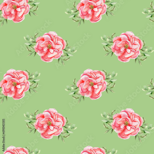 Watercolor pink peonies art seamless pattern. Hand drawn floral background for textile, scrapbooking, paper design. Garden pale pink flowers on green background