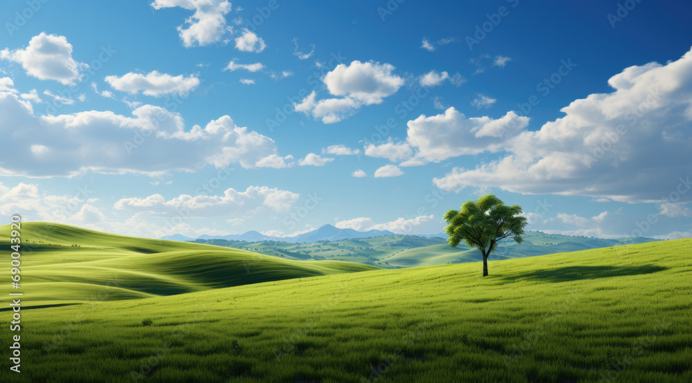 a green grass field with a tree, beauty landscapes a green grass field with a tree, beauty landscapes
