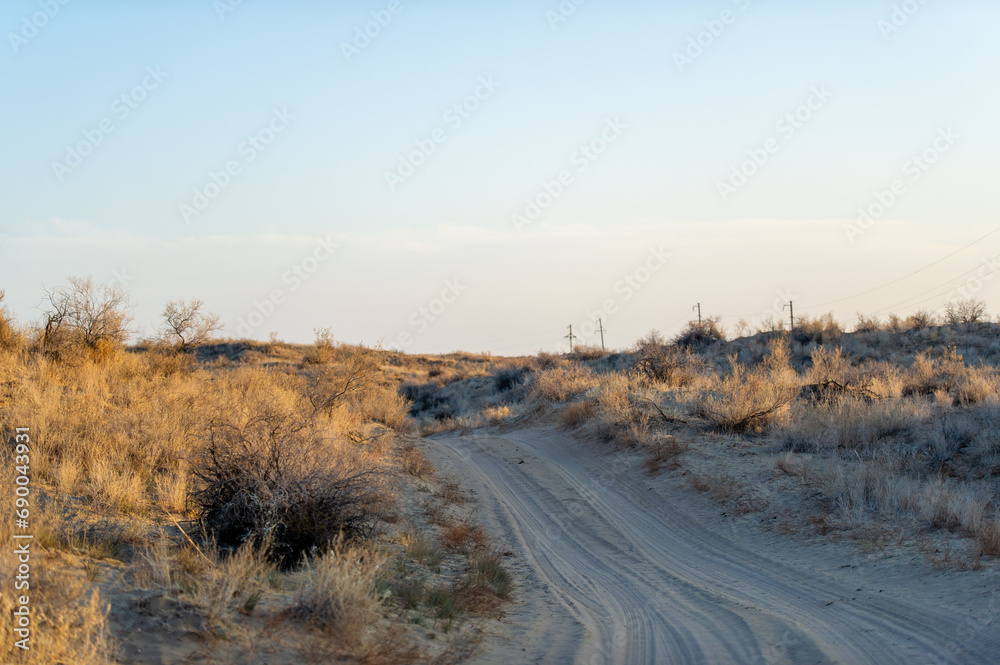 Enjoy the beauty of autumn in the steppe. Watch the sunset over the golden dunes. Feel the serenity and magic of a peaceful autumn evening.