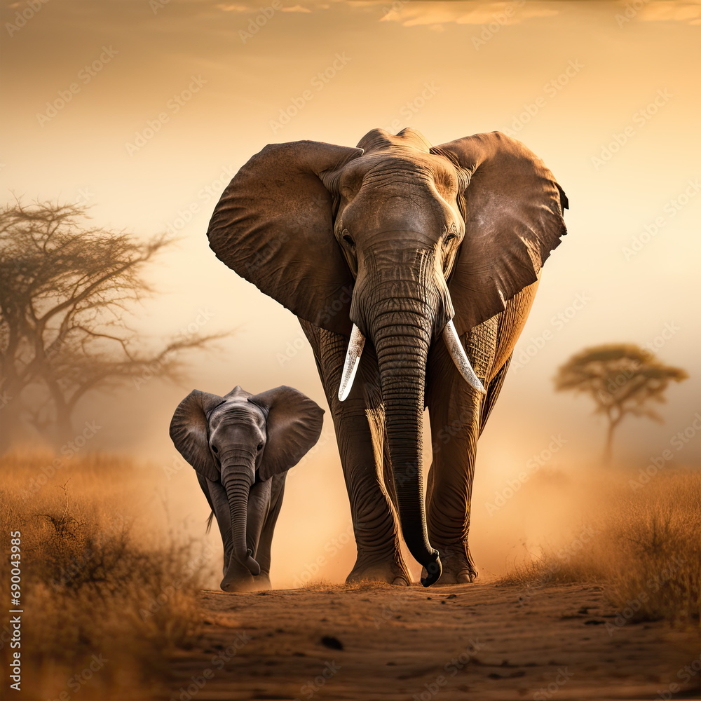 Obraz premium A heartwarming scene of a mother elephant and her calf walking side by side