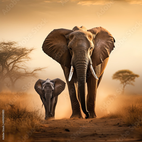 A heartwarming scene of a mother elephant and her calf walking side by side © ketsarin
