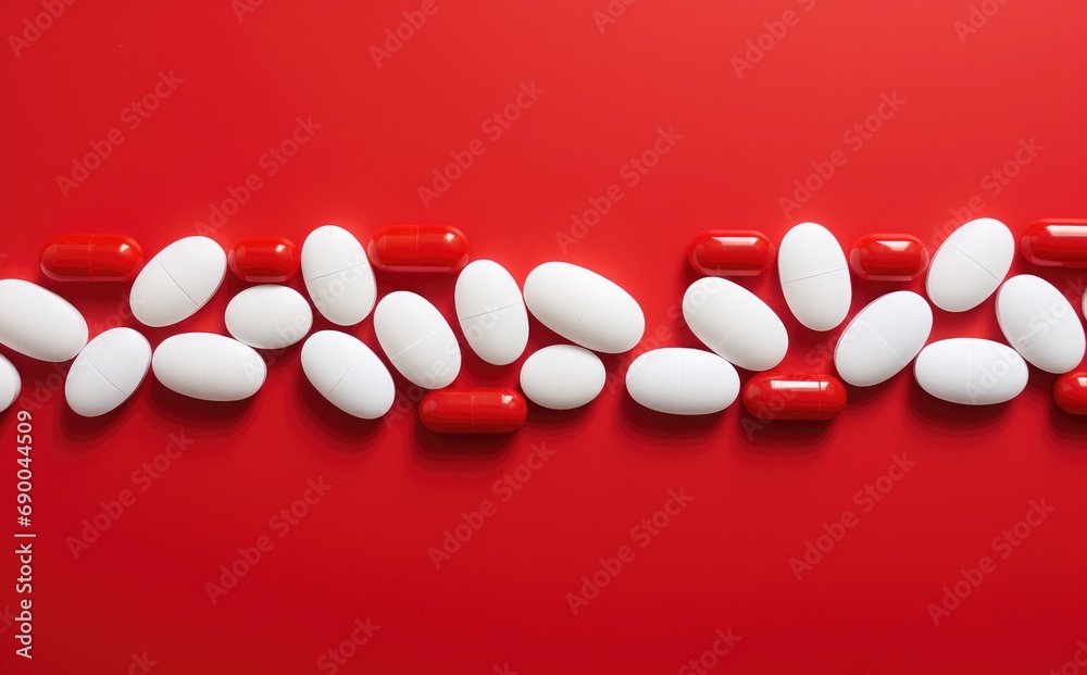 a group of several pills on a red background, a group of several pills on a red background,