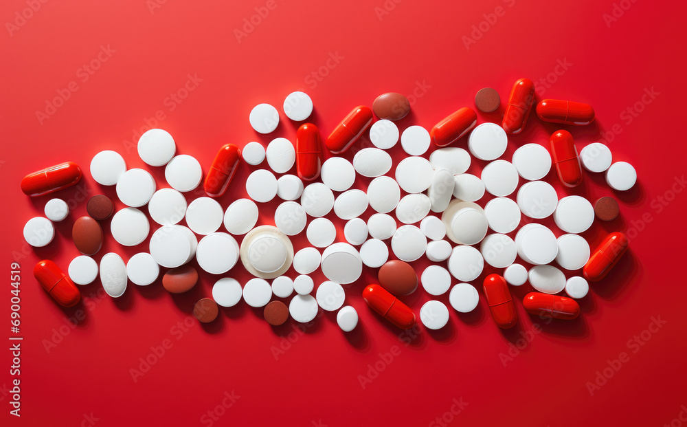 a group of several pills on a red background, a group of several pills on a red background,
