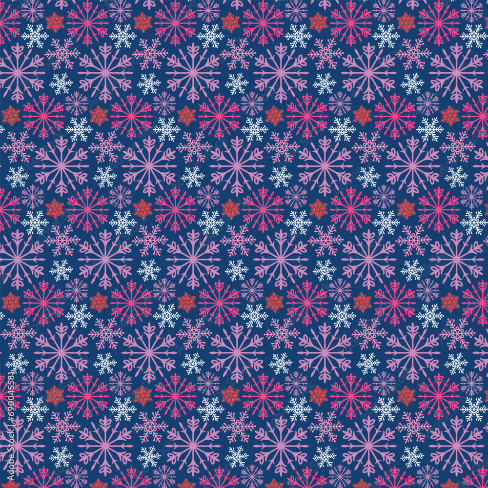 Bright seamless winter pattern with pink and scarlet snowflakes. Pattern on the swatch panel.