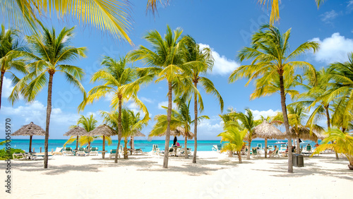 Palm Beach Aruba Caribbean, white sandy beach with palm trees and a blue ocean at Aruba Antilles. © Fokke Baarssen