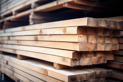 Stack of wooden planks at sawmill warehouse photo