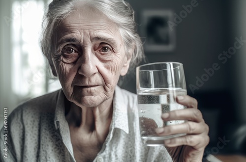Pensioner taking pills. Elderly woman with poor health and sad look. Generate AI