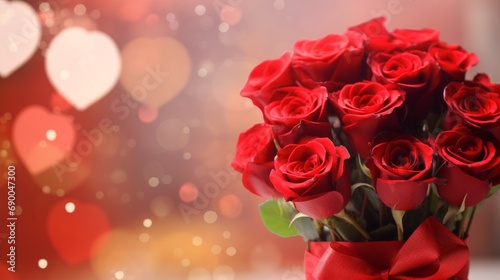 Valentine's day postcard a bouquet of red roses on a background bokeh of hearts, copy space.