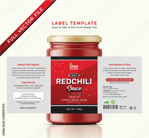 Chili sauce label bottle jar food sticker banner red hot and spicy ketchup packaging product design.