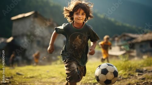 young boys playing soccer with the ball outside © hakule