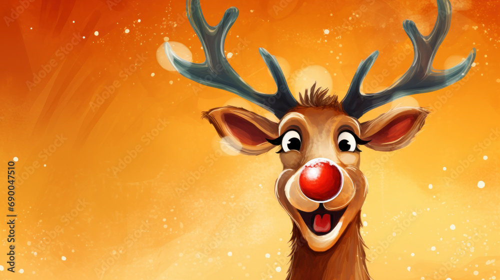 Happy reindeer in winter snow background. Christmas card with copy space. Happy reindeer in winter snow background. Christmas card with copy space.