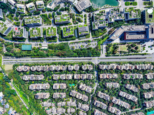 Aerial photography of green city, urban buildings, livable city