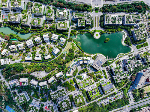 Aerial photography of green city, urban buildings, livable city