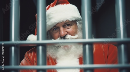 Sad Santa Claus in prison behind bars. Crime Christmas. Prison cell. Christmas Holiday. in Police station