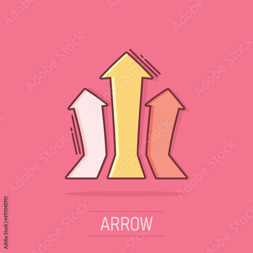 Vector cartoon arrow up icon in comic style. Forward arrow sign illustration pictogram. Cursor business splash effect concept.