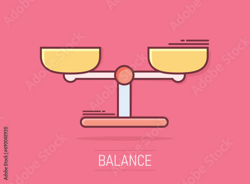 Vector cartoon scale weigher icon in comic style. Weigher sign illustration pictogram. Balance business splash effect concept.