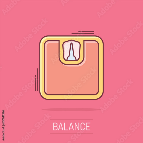 Vector cartoon bathroom scale weigher icon in comic style. Weigher sign illustration pictogram. Balance business splash effect concept.